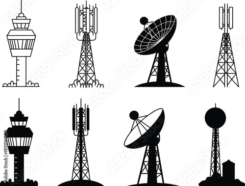 Communication tower silhouettes, air traffic control icon, cellular antenna vector, satellite dish graphic, radio tower illustration, broadcast structure set
