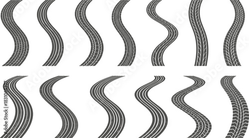 Curved Asphalt Road Collection, Highway Bends, S-Curve Street Top View, Winding Path Lines, Isolated Transport Route Set for Mapping, Navigation, Infrastructure Design