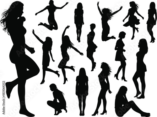 Dance silhouettes, joyful women, jumping motion, celebration crowd, lifestyle energy, fashion pose, festival party, freedom, modern vector art, isolated white stock background.