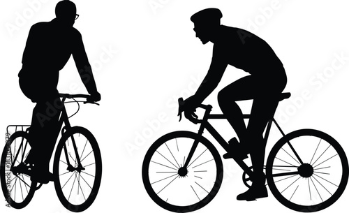Cycling silhouettes set, two bike riders, road cyclist and commuter poses, motion pedal action, sports fitness design, minimal black isolated vector icons, white background stock asset