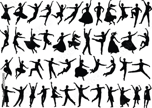 Dance silhouettes, party celebration, ballroom couple motion, jumping festival crowd, lifestyle vector poses, modern, wedding, music, performing arts stock graphic isolated on white.