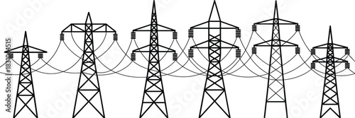 Electric power transmission towers, high voltage lines, electrical grid infrastructure, industrial energy sketches, engineering outline drawings,