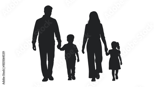 Silhouette of a happy family walking together, holding hands, representing unity and togetherness in a simple, graphic style.