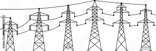 Electric, power, transmission, towers, high-voltage, lines, electrical, grid, energy, infrastructure, engineering, sketches, industrial, vector, 