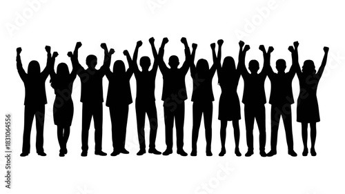 Silhouette group of diverse people celebrating with arms raised in triumph, a symbol of unity, success, and collective joy against a clean backdrop.