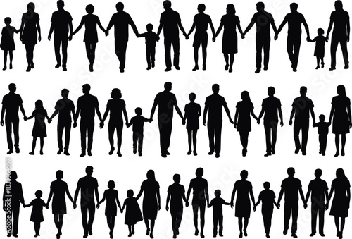 Family, silhouette, people, holding, hands, parents, children, group, vector, outline, together, unity, bonding, multi-generation, diverse, figures, childhood, love, support, community