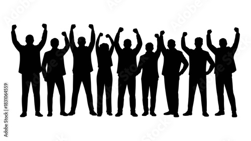 A diverse group of silhouettes of people standing together with their arms raised triumphantly, celebrating a shared victory or protest, symbolizing unity and success.