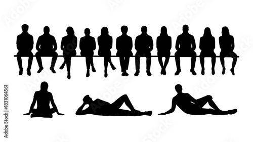 Diverse group of diverse individuals represented as black silhouettes, sitting and lounging in various casual poses against a clean backdrop, symbolizing community and connection.