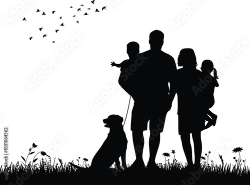 Family, silhouettes, holding hands, walking, dog, pet, outdoor, park, grass, birds, flying, nature, parenting, togetherness, unity, childhood, lifestyle, vector, art, collection