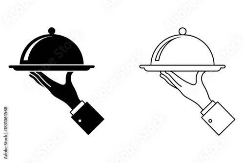 Two stylized icons of a hand holding a covered food tray, one black silhouette and one white outline, symbolizing service and dining, isolated.