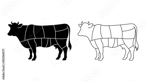 Diagram illustrating beef cuts on a cow silhouette and outline, showing primal and secondary meat sections for butcher and culinary use.