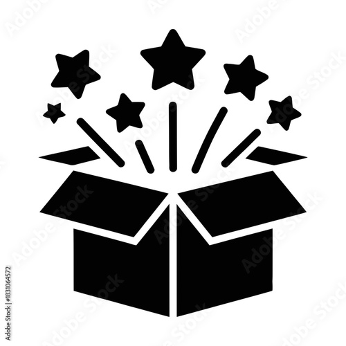 An open box erupting with stars and celebratory bursts, symbolizing surprise, discovery, and creative explosion, isolated on white.