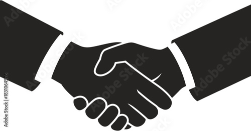 Two silhouetted hands in suits firmly shaking, symbolizing partnership, agreement, and successful business deal on a clean background.
