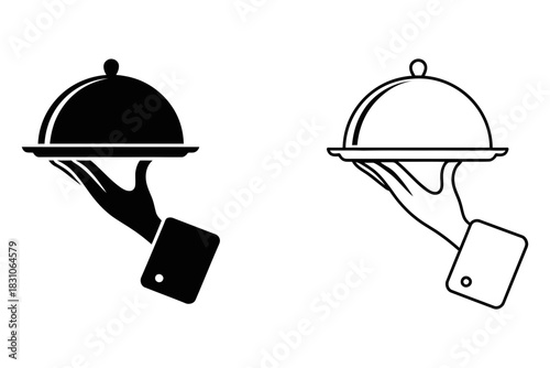 Two contrasting icons of a hand in a suit cuff holding a silver cloche or serving dish, one solid black silhouette and one outline, representing service and hospitality concepts.