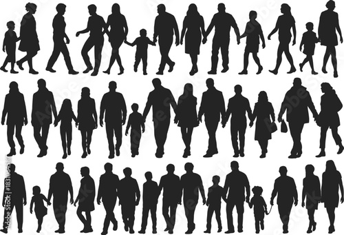 Family, silhouettes, holding, hands, walking, parents, children, kids, adults, group, multi-generation, diverse, people, vector, outlines, unity, love, support, bonding, together