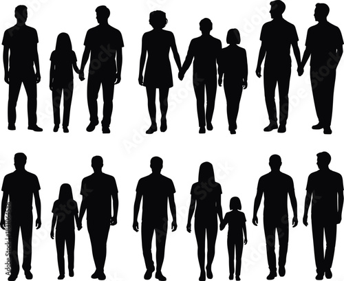 Family, silhouettes, holding, hands, parents, children, kids, adults, multi-generation, group, people, vector, outlines, unity, love, support, bonding, together, community, collection