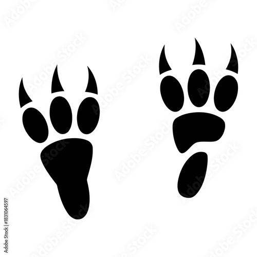Two detailed black paw prints with visible claws, isolated on a white background, representing animal tracks and wildlife.