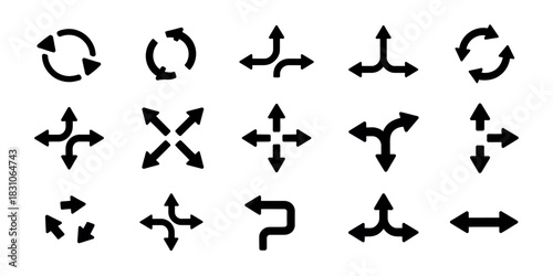 A collection of fifteen different black arrow icons on a white background view