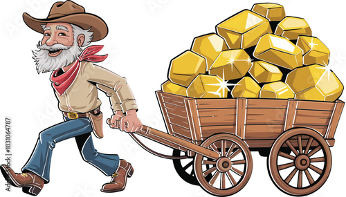 Gold miner caricature pulling wagon full of gold nuggets, cowboy hat prospector, mining industry, treasure haul concept, vintage western cartoon illustration, isolated white background, SEO optimized.