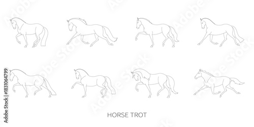 Line art of a trotting horse in minimalistic style isolated on white background