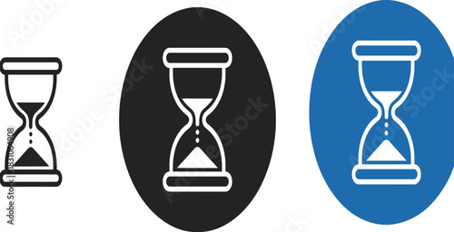 Hourglass and sand timer icons set in modern vector style, time management, countdown symbol, minimalist clock graphic elements isolated on white background, SEO optimized.