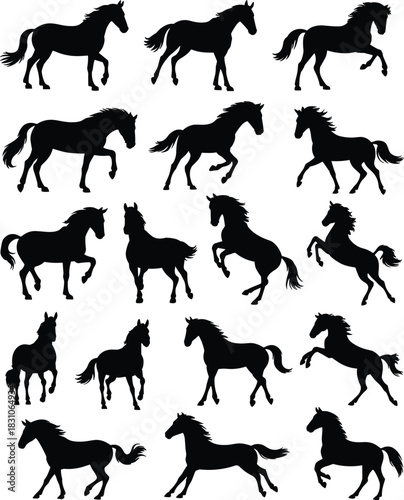 Horse silhouettes, running gallop poses, equine vector set, wild mustang movement, ranch stallion shapes, modern animal stock graphic isolated on white background.