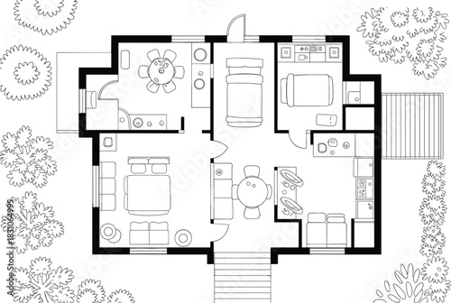 House, floorplan, architecture, home layout, rooms, furniture, garden, trees, interior, exterior, building plan, blueprint, blueprints, vector, vectors, design,