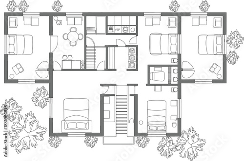 House, floor plan, floorplan, architectural layout, home blueprint, living rooms, bedrooms, kitchen, kitchens, garden elements, autumn leaves, furniture plan, vector outlines, minimal design plan set
