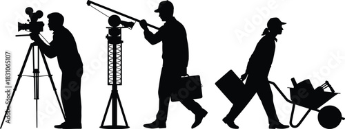 Industrial workforce and media production silhouettes, videographer on tripod, lighting crane rig operator, contractors carrying gear, wheelbarrow worker with tools, isolated white.