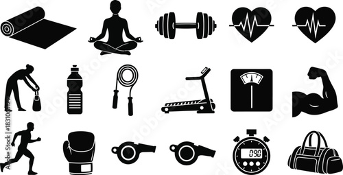 Active Fitness Training Silhouette Vector Gym Exercise Icon Set