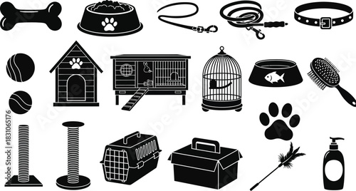 Pet Accessories Animal Care Silhouette Vector Supplies Icon Collection