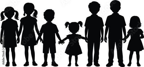 Kids silhouettes holding hands, siblings and friends group, boys and girls shadows, childhood unity concept, family bonding, kindergarten teamwork, vector cutout asset