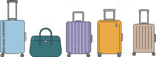 Luggage, suitcases, travel bags, airport baggage, rolling suitcase, carry-on, wheels, trip gear, tourism, vacation, vector illustration, minimal design