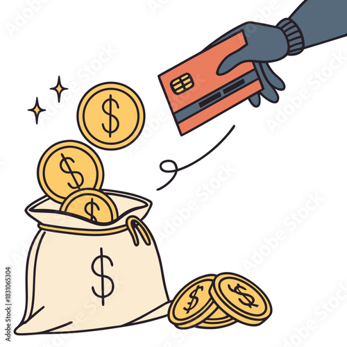 Hand in glove steals money from bag with credit card and falling coins concept