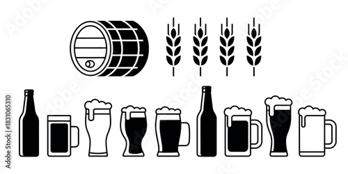 Illustration of a beer barrel, wheat stalks, beer bottles, and various beer mugs