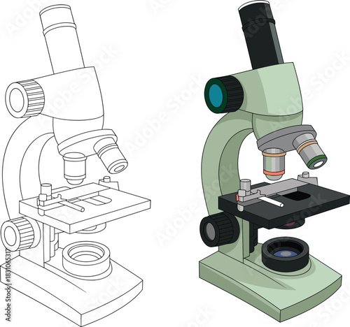 Microscope illustration, lab research equipment sketch and colored vector, scientific analysis tool for biology, chemistry, education and medical study, isolated white background.