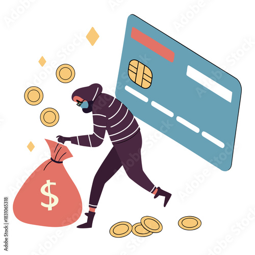 Anonymous thief wearing a mask and hoodie steals money bag near credit card and gold coins