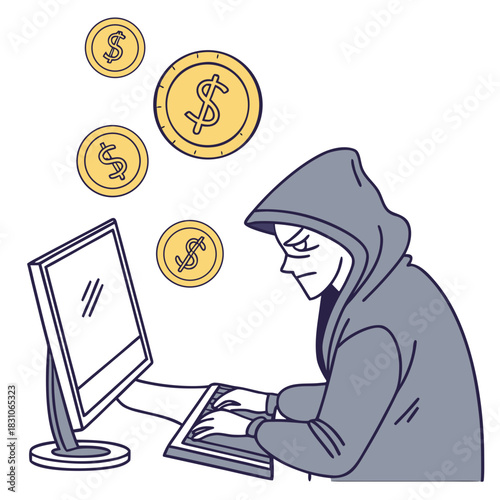 Anonymous hacker in a hooded sweatshirt stealing money with a computer and coins falling from above