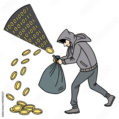 Anonymous hacker steals digital currency coins from a cone of binary code data stream