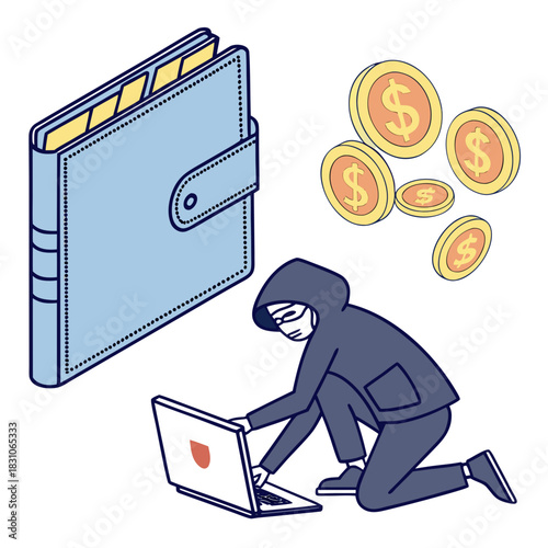 Anonymous hacker stealing money from digital wallet using laptop computer and coins concept