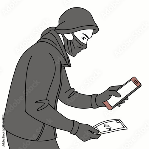 Person in hooded jacket and face mask holding a smartphone and a dollar bill in gloved hands