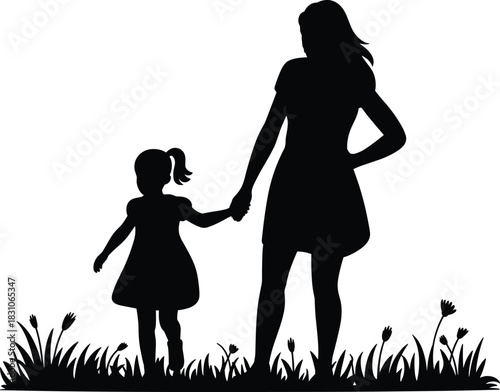 Mother and child silhouette, grassy field, holding hands, black vector, family bond, nature scene, parenting, love, peaceful moment