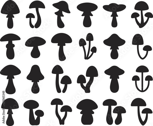 Mushroom, silhouettes, set, fungus, icon, icons, forest, nature, symbols, organic, shapes, graphics, vector, outline, outlines, design, botanical, elements, collection, pack