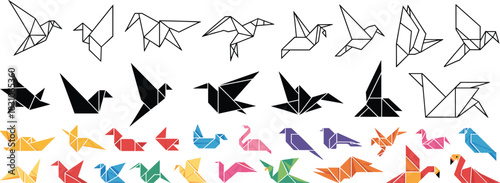 Origami bird illustrations, silhouette, outline, colorful paper birds, geometric folds, vector icons, art design, origami stages, creative chart