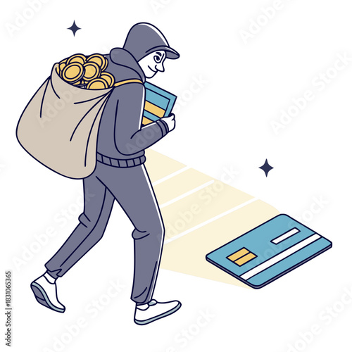 Thief carrying a bag of gold coins and a credit card with a spotlight on it