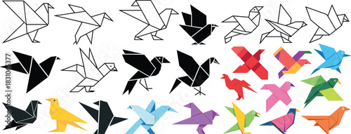 Origami bird designs, colorful paper birds, silhouette, outline, folding stages, vector icons, Japanese art, geometry, creative chart