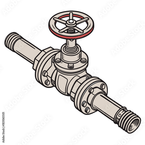 Industrial pipeline valve with a red accent on the handwheel and threaded pipe ends