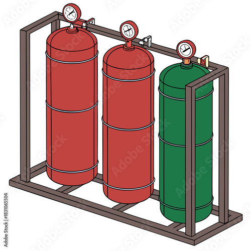 Industrial gas cylinders with pressure gauges mounted on a metal rack for storage and transport
