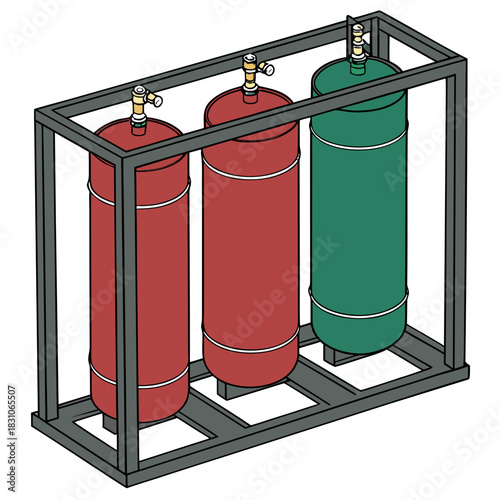 Industrial gas cylinders rack with red and green tanks connected to valves and pipes