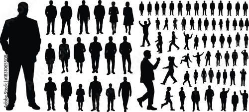 People, silhouette, silhouettes, standing, walking, poses, adults, men, women, crowd, groups, business, corporate, diverse, profiles, full-body, vector, outline, outlines, set